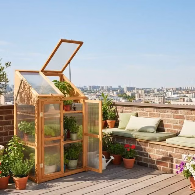 Wyld and Coco 3-Tier Balcony Greenhouse in Brown Fir Wood with Polycarbonate Shelving