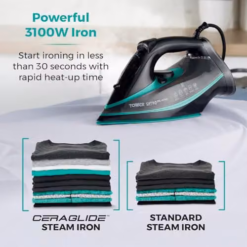 Tower Steam Iron with Ceramic Non-Stick Plate and Anti-Calc System, Black and Petrol – 4