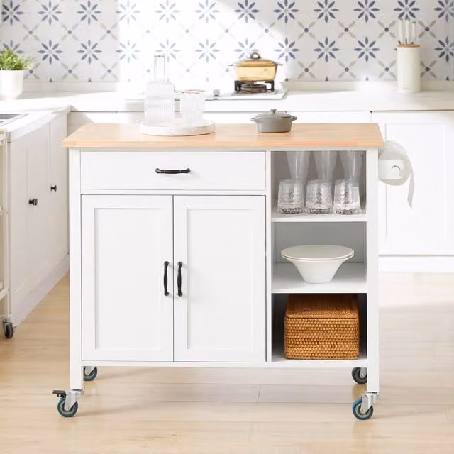 SoBuy Modern White Lacquered Rubberwood Kitchen Storage Trolley Cart