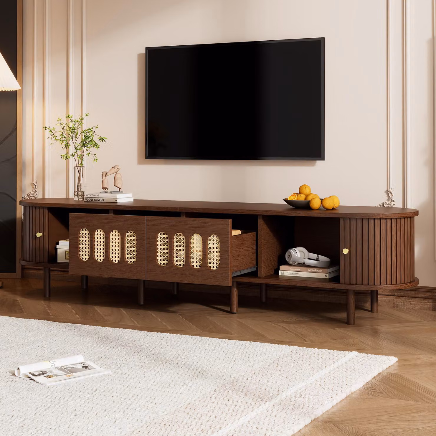 Aosom UK Modern TV Stand with 2 Rattan-Effect Drawers in Brown, W: 180 cm, D: 40 cm, H: 40 cm – 5