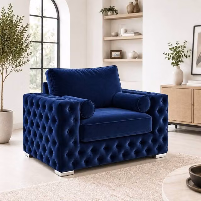 Stratus Interiors Ashley Full Back Chesterfield Plush Velvet Armchair in Navy Blue – 1