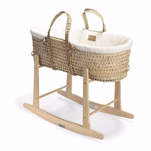Clair de Lune Organic Palm Moses Basket with Natural Rocking Stand in Natural Cream, W: 75 cm, D: 28 cm