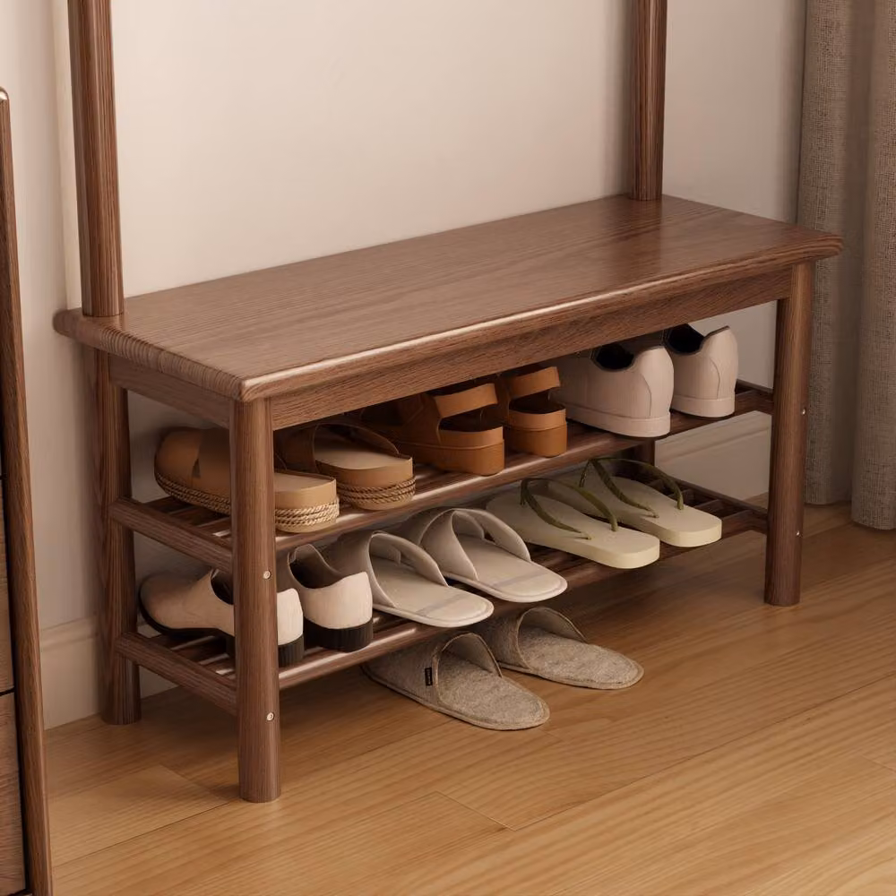 YQJJGL Solid Wood Hall Tree with Bench and 2-Tier Storage Shelves in Walnut Brown, W: 80 cm, H: 170 cm, D: 30 cm – 3