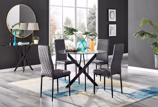 FurnitureboxUK Novara Round Glass Dining Table and 4 Milan Soft Velvet Chairs in Grey with Black Legs