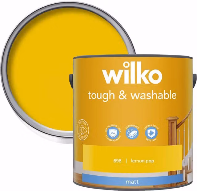 wilko Tough and Washable Matt Emulsion Paint, Lemon Pop Yellow, 2.5 l