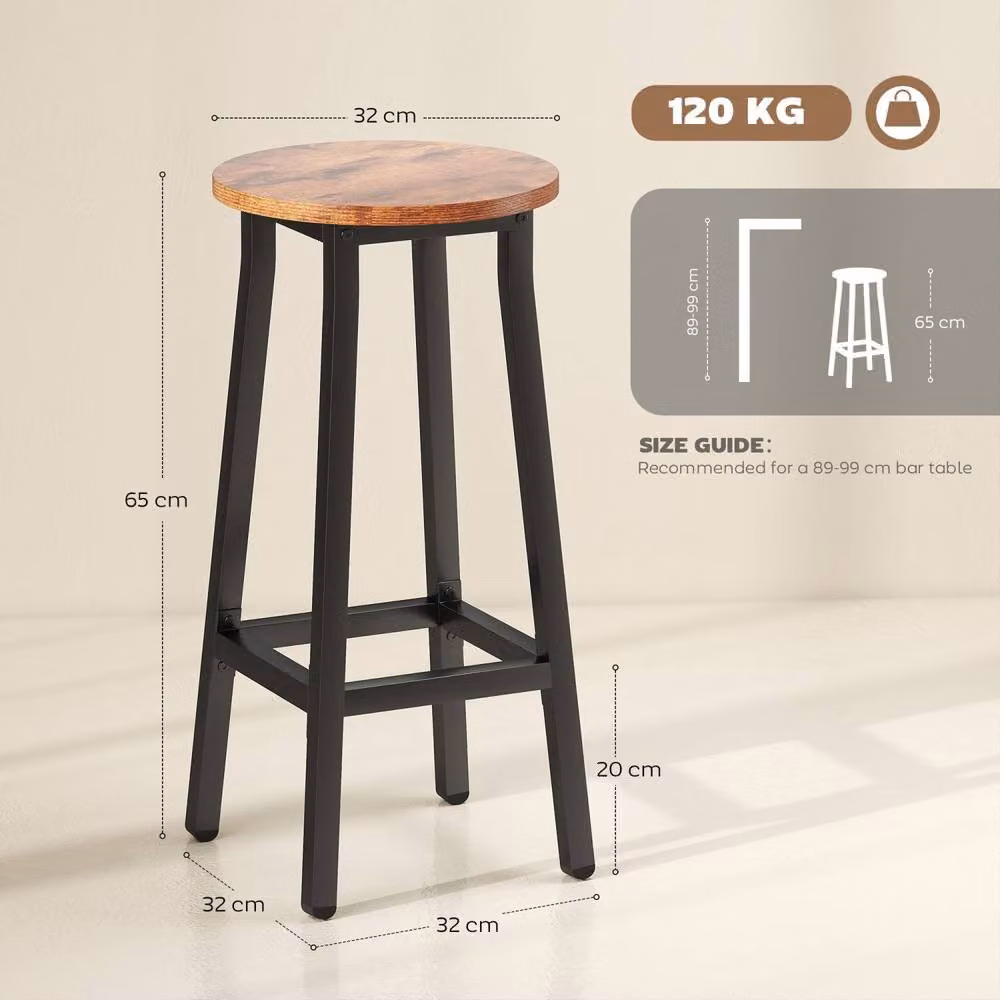 Wyld Haus Rema Set of 2 Industrial Round Bar Stools in Brown and Black Metal, Height: 65 cm – 4