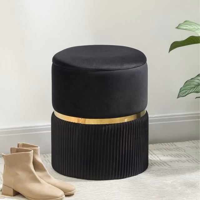 HOMCOM Round Velvet Storage Pouffe and Foot Stool with Padded Seat in Black