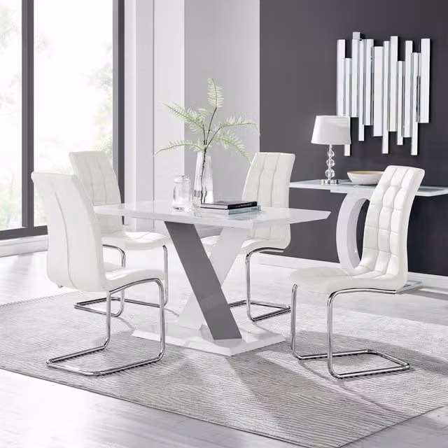 Furniturebox Monza White High Gloss Rectangular Dining Table and 4 Murano Chairs in White and Grey