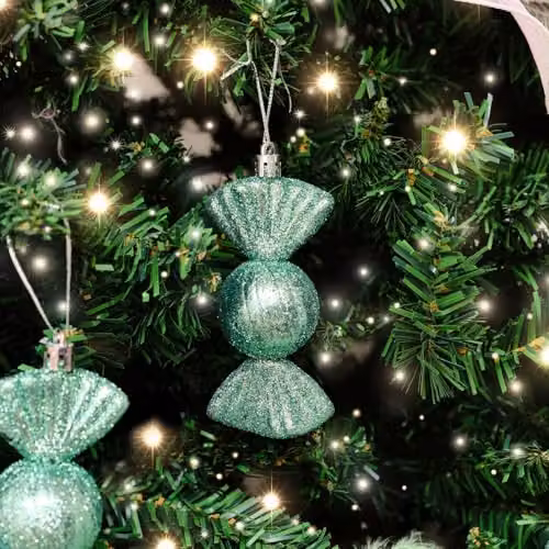 Melody Maison Set of 3 Green and Gold Glitter Sweet Shaped Christmas Bauble Decorations, Diameter: 11 cm – 2