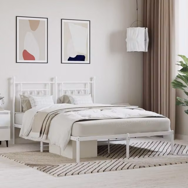 Berkfield Home Metal Bed Frame with Headboard, White, W: 140 cm, L: 190 cm