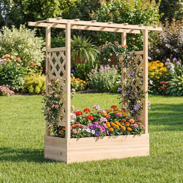 Costway Natural Wooden Raised Garden Bed with Side Trellis and Hanging Roof, Height: 114 cm – 1