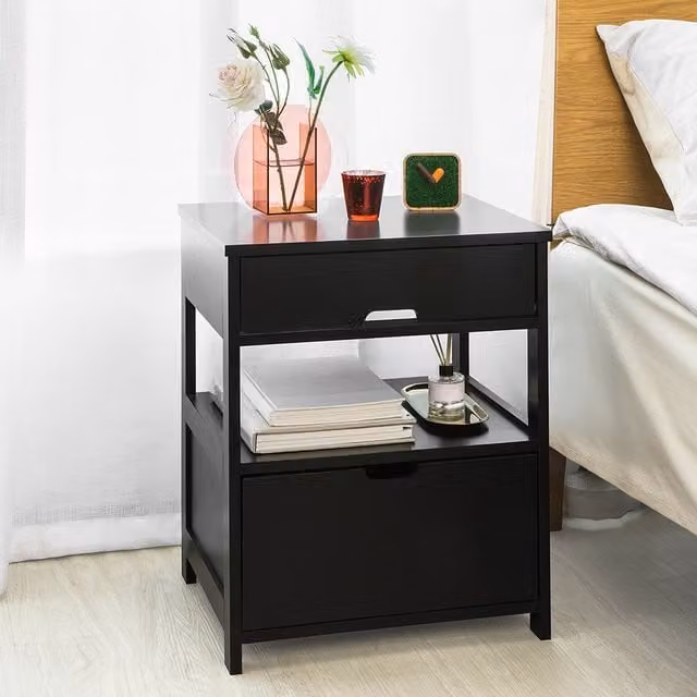 SoBuy Modern Black Bedside Table with 2 Drawers