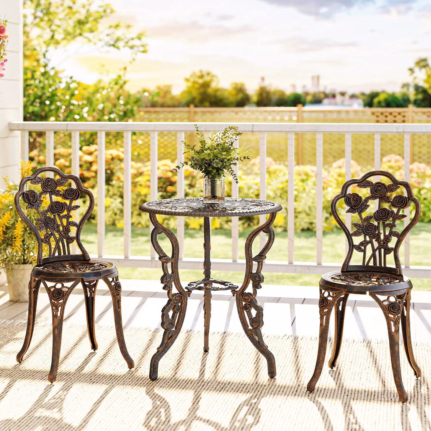 Outsunny Vintage Rose Outdoor Bistro Set with Round Table and 2 Chairs in Powder Coated Aluminium Metal Finish – 7