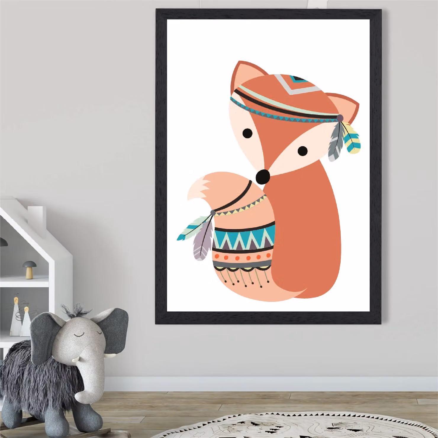 ARTZE Fox Tribal Animal Framed Print in Orange with Black Frame, A3 – 2