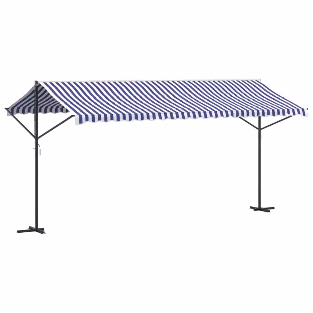 Berkfield Home Free Standing Folding Arm Awning in Blue and White, W: 500 cm, D: 300 cm – 2