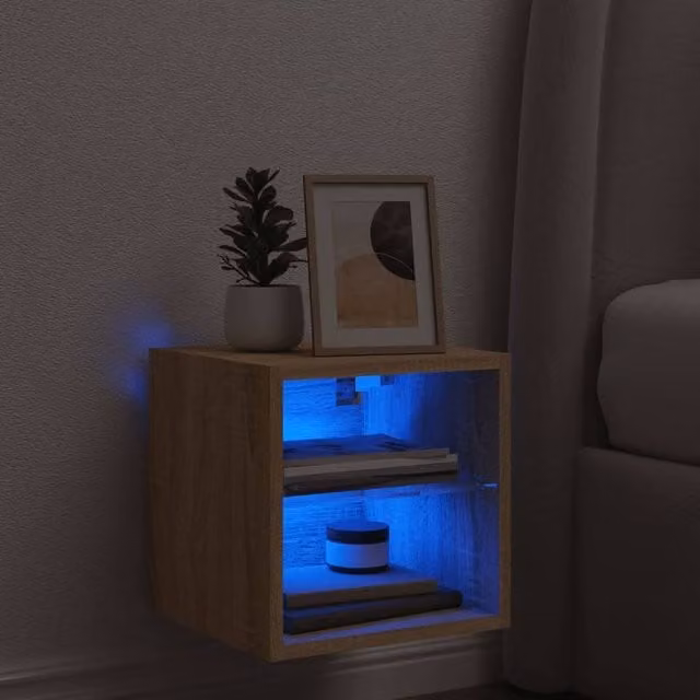 Berkfield Home TV Wall Cabinet with LED Lights in Sonoma Oak and Light Tan, W/D/H: 30 x 28.5 x 30 cm