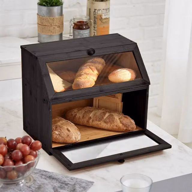VOGREX Black 2-Tier Bamboo Bread Storage Box
