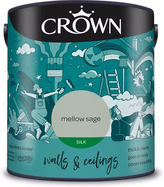 Crown Walls and Ceilings Silk Emulsion in Mellow Sage Green, 2.5l