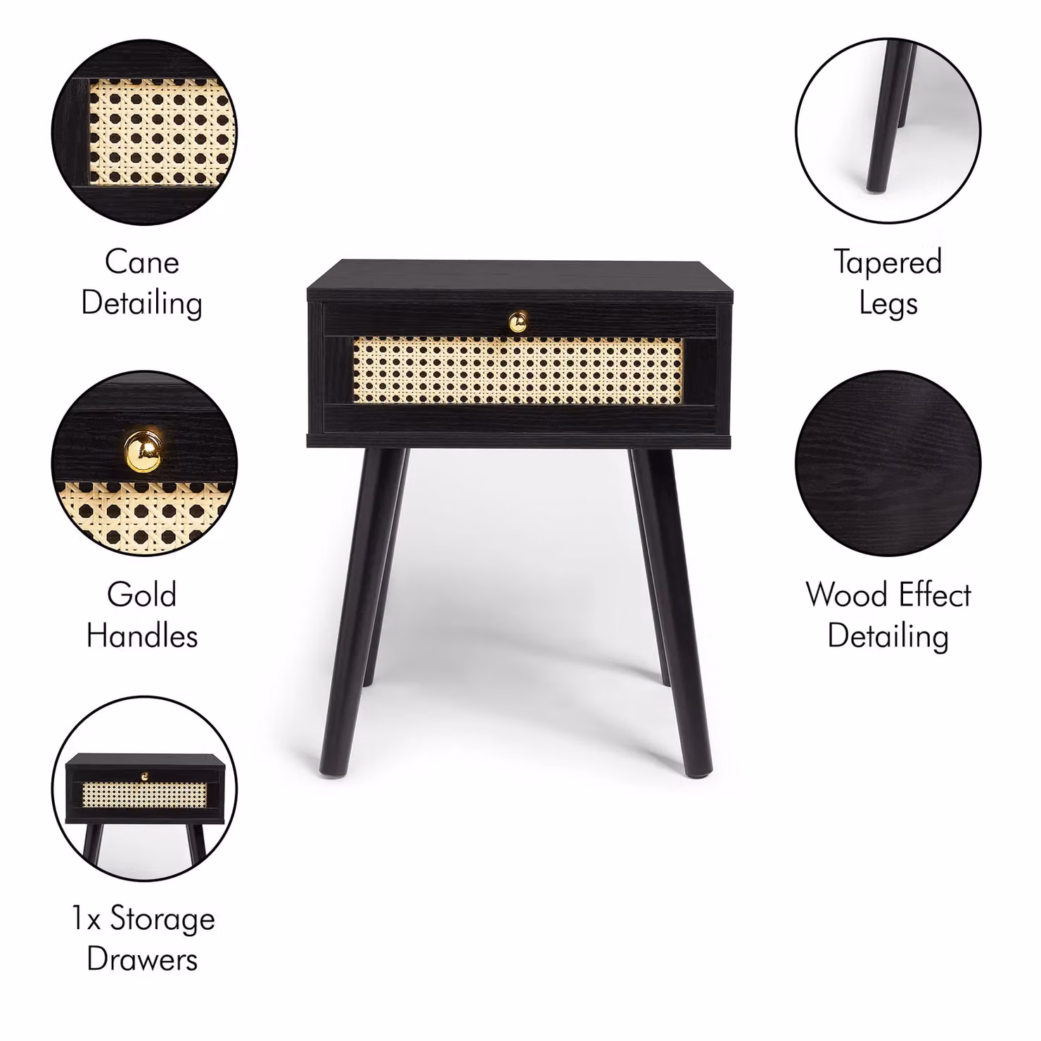 Spinningfield Set of 2 Black and Gold Rattan Effect 1 Drawer Side Tables W/D/H: 35.0 x 45.0 x 53.5 cm – 2