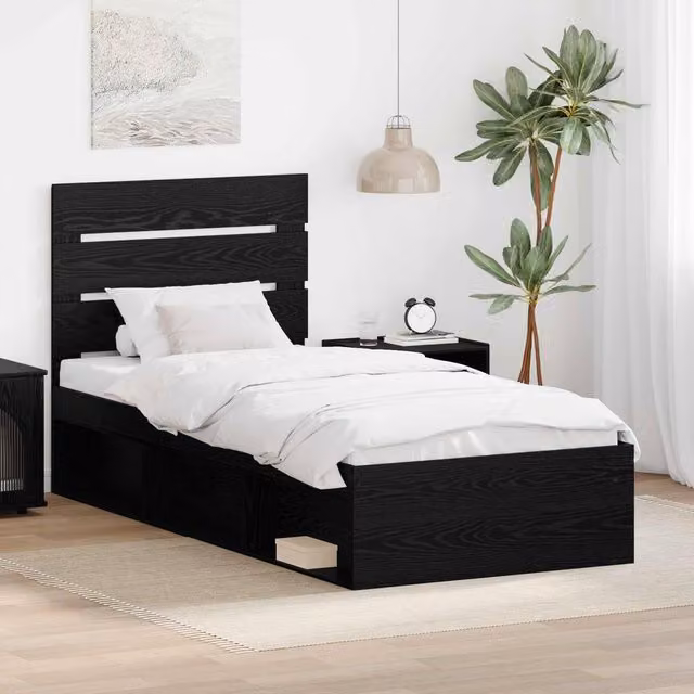 Berkfield Home Modern Bed Frame with Headboard in Black Pine Wood, W/D/H: 90 x 200 cm