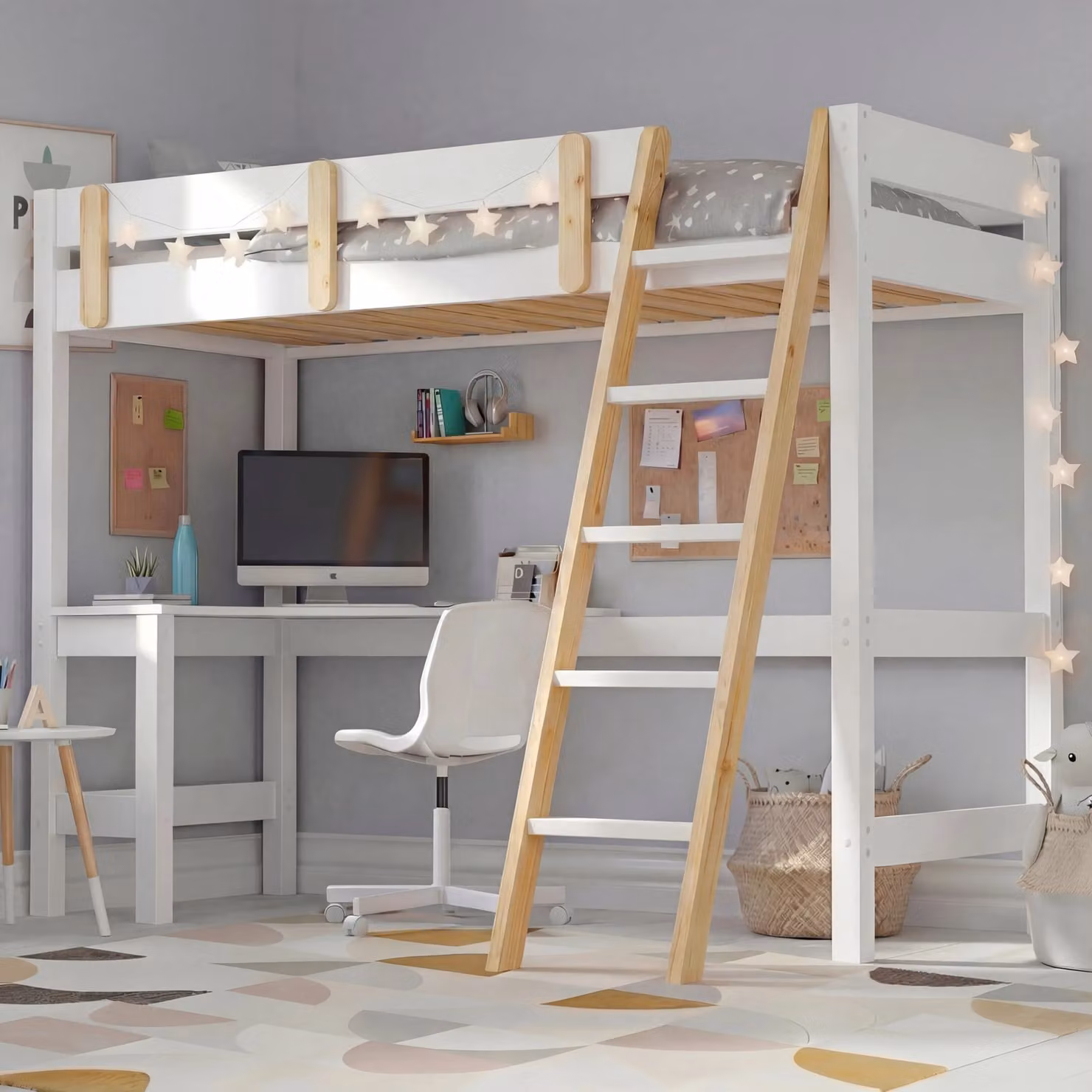 DHS White and Pine Solid Wood High Sleeper Loft Bed Frame with Desk for Children, W/D/H: 190 x 90 x 159 cm