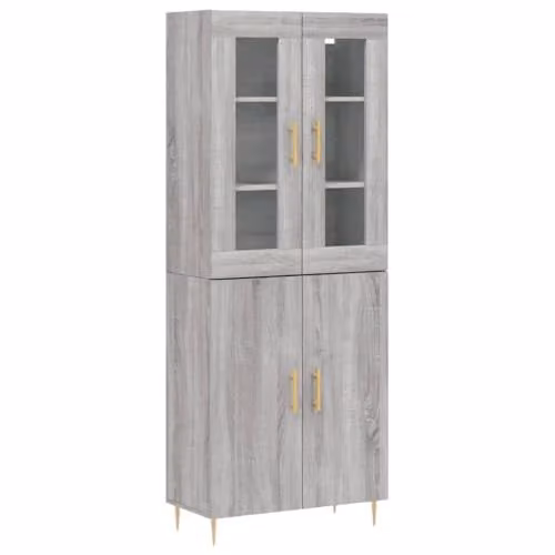 vidaXL Modern Grey Sonoma Highboard with Glass Hinged Doors, W/D/H: 69.5 x 34 x 180 cm
