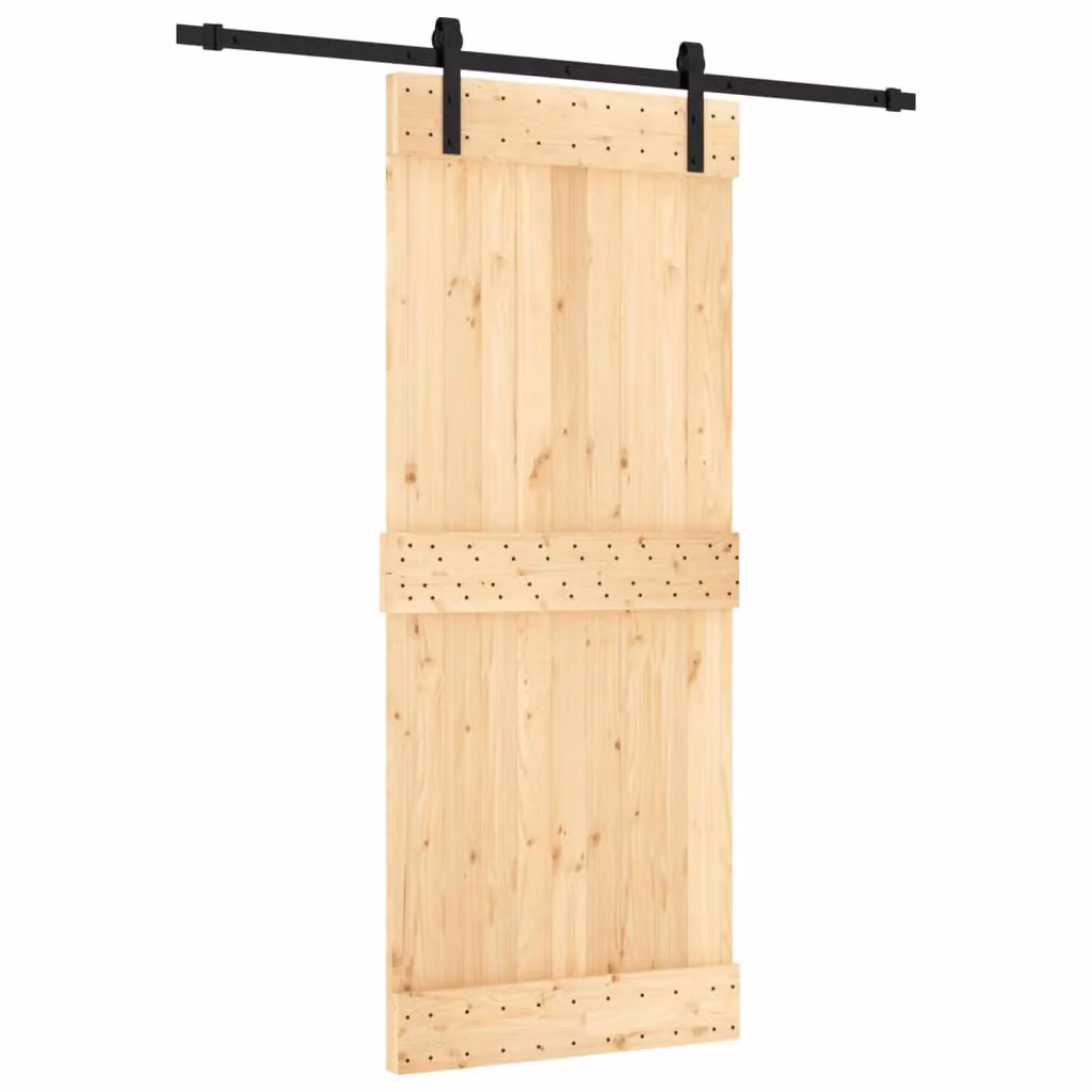 Berkfield Home Rustic Solid Wood Pine Sliding Door with Hardware Set in Brown, W: 85 cm, H: 210 cm – 2