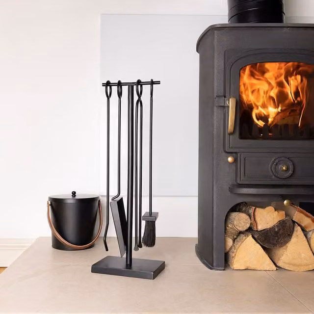 Charles Bentley Redwood Fireside Companion Set in Black and Red with Iron Tool Stand, H 61 x W 20 x D 13 cm