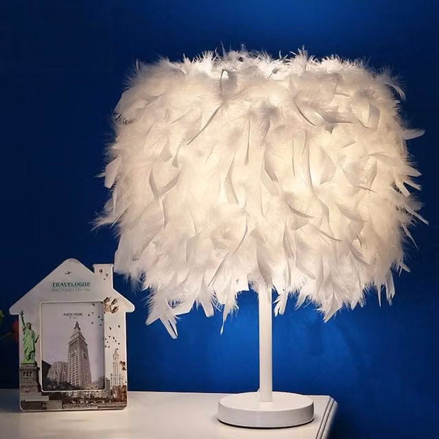 EONLION Modern White Feather Table Lamp with Metal Base and E27 LED Bulb – 1