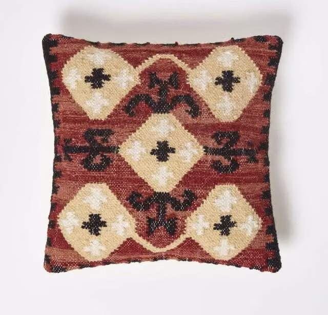 Homescapes Tirana Handwoven Traditional Red Ethnic Kilim Cushion in Red, Cotton and Wool