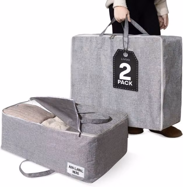 Kelvenix 2 Pack 75L Fabric Storage Bags for Clothes and Duvets in Grey