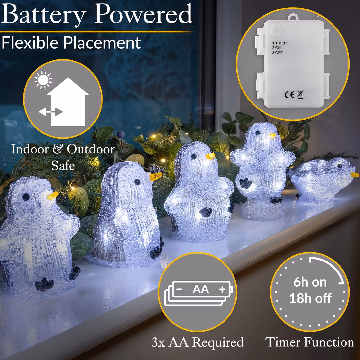Christow Multicolour Penguin Christmas LED Lights, Battery Powered, Set of 5 – 5