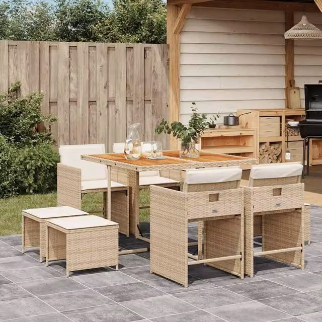 Berkfield Home Garden Modern Polyrattan Dining Set in Beige and Brown with Acacia Wood