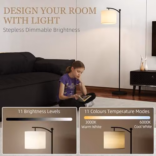 HOMCOM LED Floor Lamp in Black with Stepless Dimming, Remote Control and Timer – 3