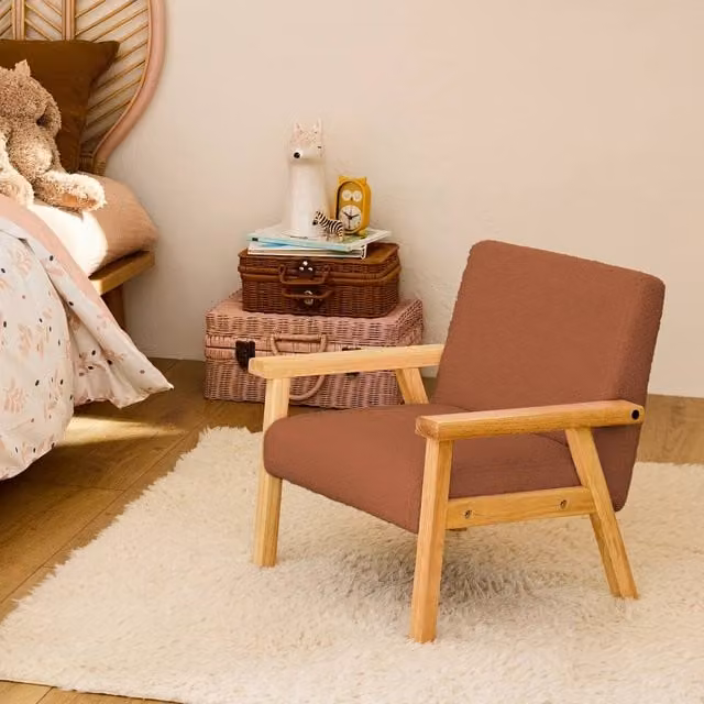 sweeek Children's Scandi-style Armchair in Terracotta Bouclé Fabric with Rubberwood Legs, W/D/H: 50.0 x 43.5 x 47.0 cm – 1