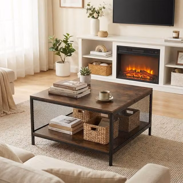 Gymax Industrial Square 2-Tier Coffee Table with Storage Shelf in Brown