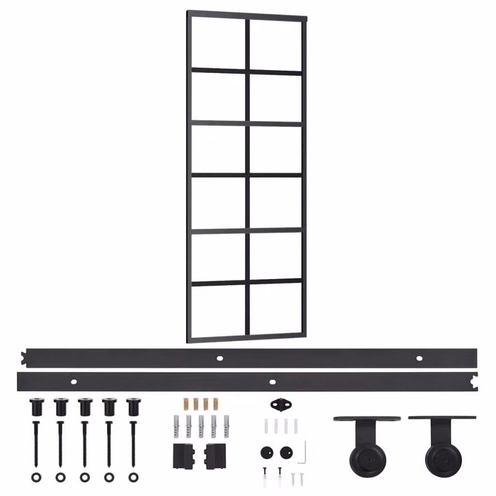 Berkfield Home Sliding Glass and Aluminium Door with Hardware Set, Black, W: 76 cm, H: 205 cm – 2