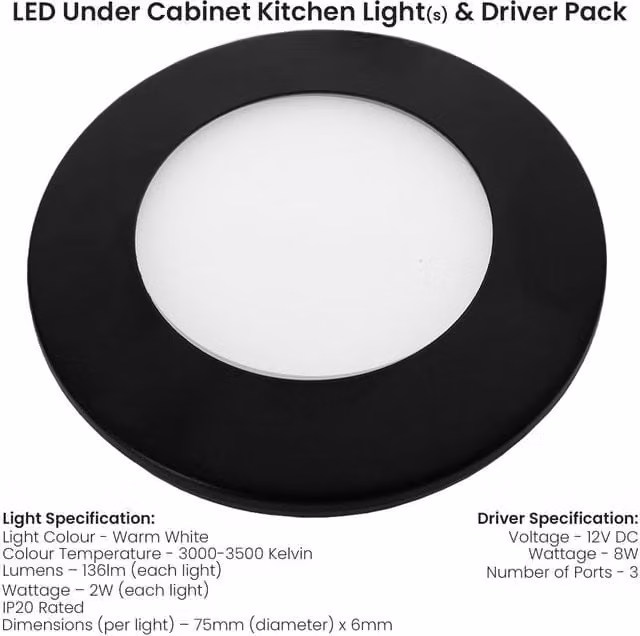 Loops 2x Matt Black Ultra-Slim Round Under Cabinet Kitchen LED Light and Driver Kit with Warm White Diffused Light