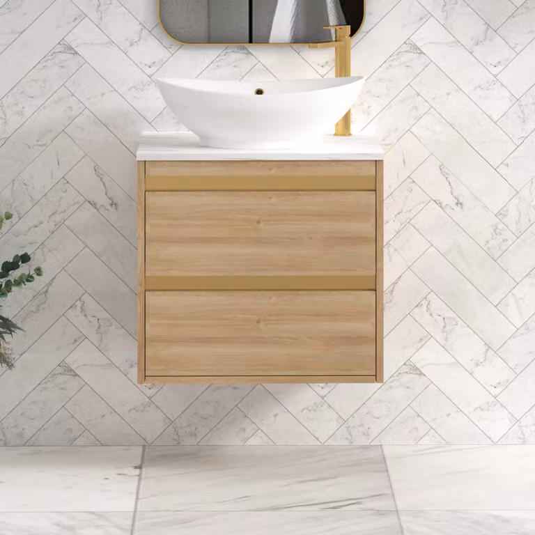 Royal Bathrooms Orion 600mm Natural Oak Wall Hung 2 Drawer Vanity Unit with Amaze Basin and Brushed Brass Accent Trim
