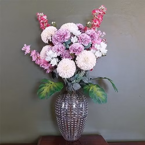 Leaf Design UK 75cm Pink Dahlia Artificial Tropical Flowers with Round Glass Bubble Vase – 2