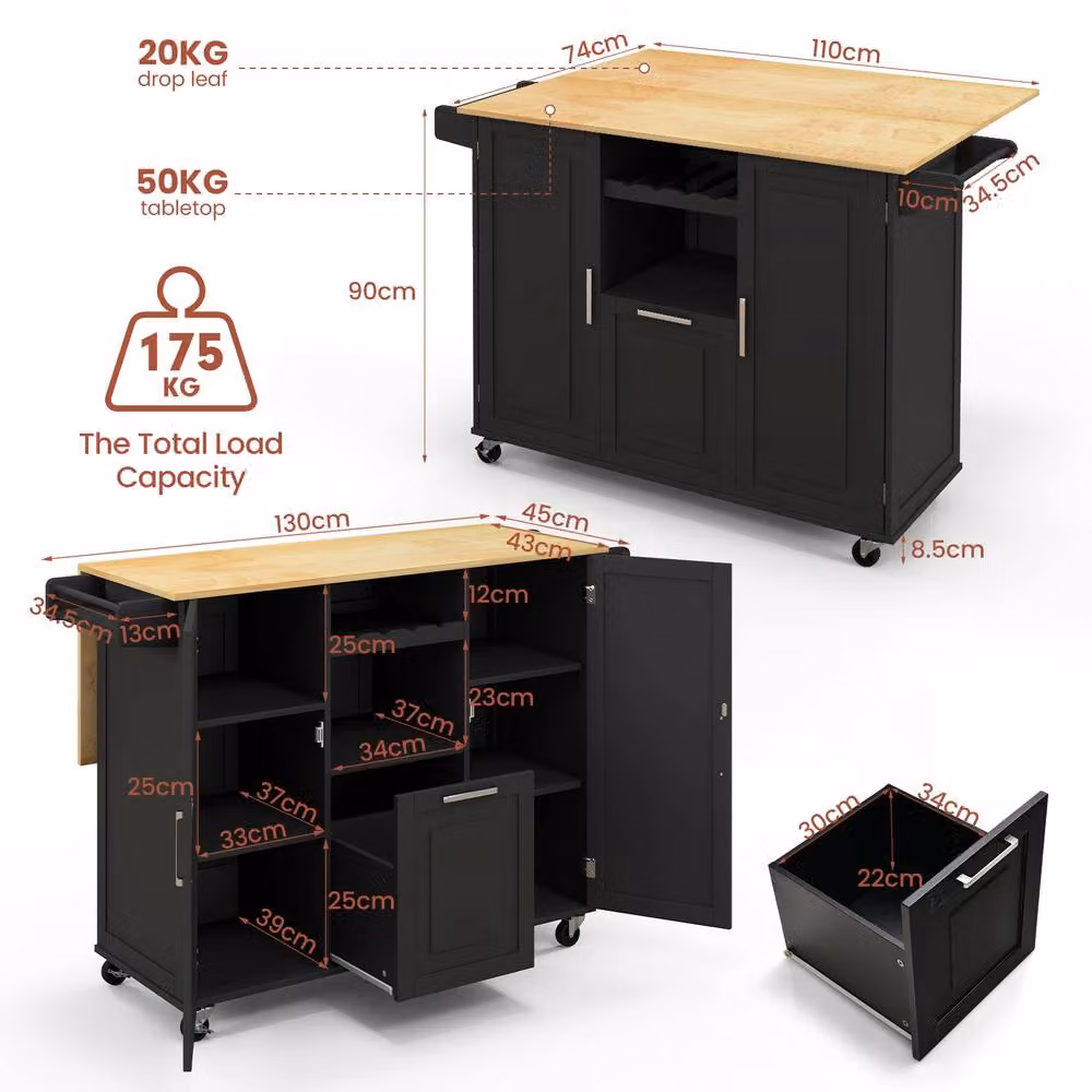 Costway Rolling Kitchen Trolley Cart with Drop-Leaf Countertop in Black – 3