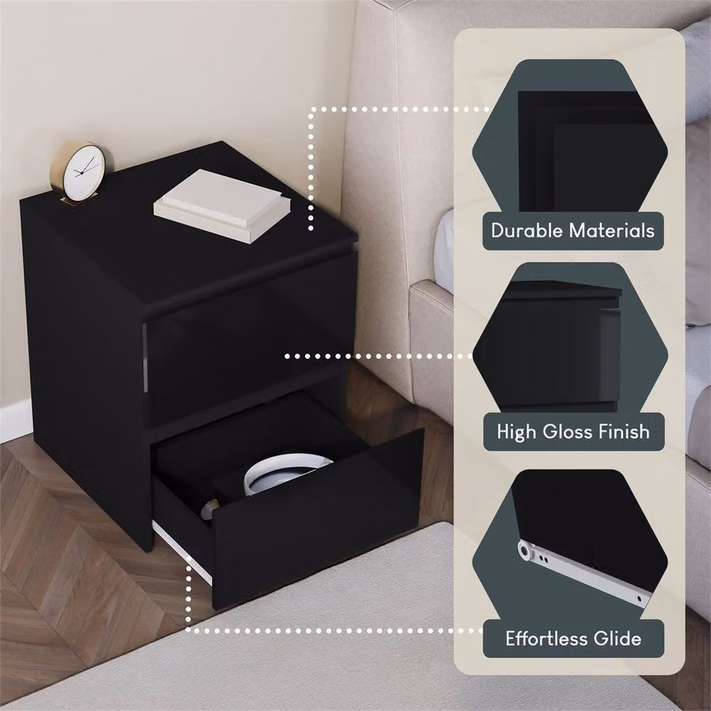 SPETLEK Modern 2 Drawer Black Bedside Chest of Drawers – 3