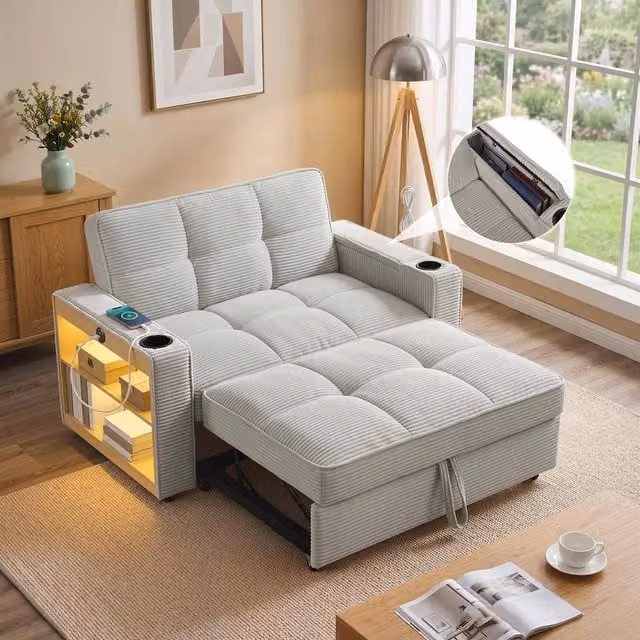 Rolipo Grey Corduroy 2 Seater Sofa Bed with LED Lights, Cup Holders and Storage