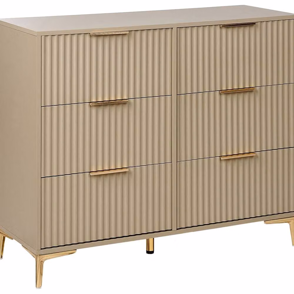 Wyld and Coco Beige 6-Drawer Chest with Fluted Fronts and Gold Handles – 2