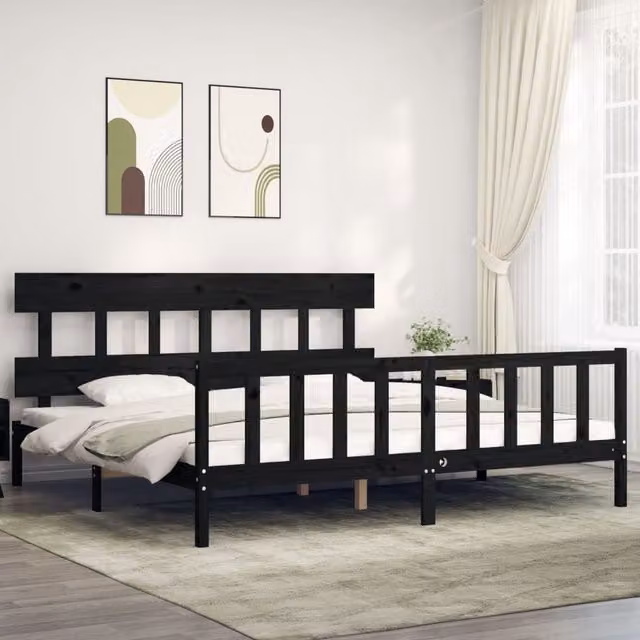 Berkfield Home Solid Wood Pine Bed Frame with Headboard in Black, 200 x 200 cm – 1