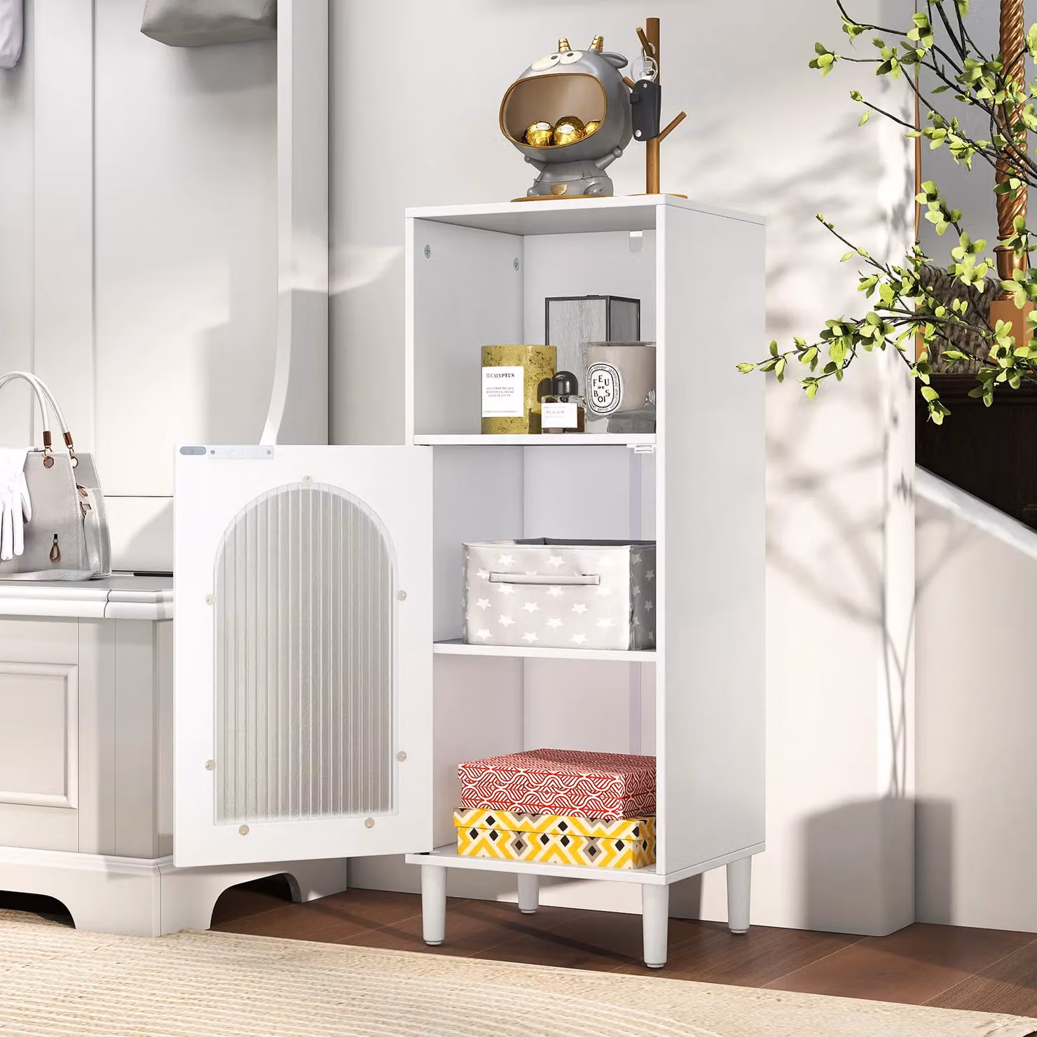 Costway White Wood Bathroom Floor Cabinet with Glass Doors and Internal Shelves – 2