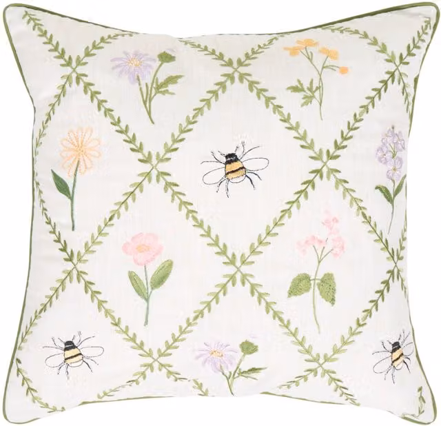 Divante Gardenia Floral Embroidered Square Cushion in White and Multicolour