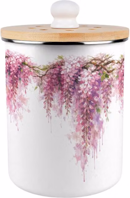 Purely Home Pink Wisteria Food Waste Caddy, 2L Metal and Bamboo Kitchen Compost Bin with Flip Lid