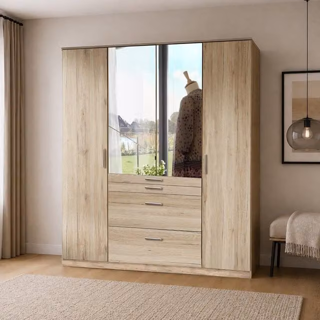 Aachen Sam Remo Oak 4 Door 180cm Wardrobe with Mirror in Brown Oak