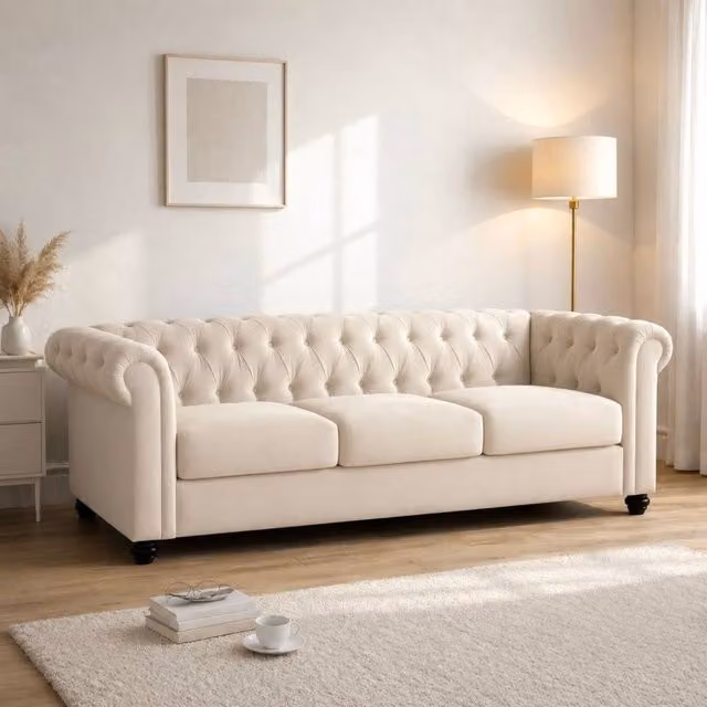 Sofaya Hampton 3 Seater Chesterfield Sofa in Beige Velvet